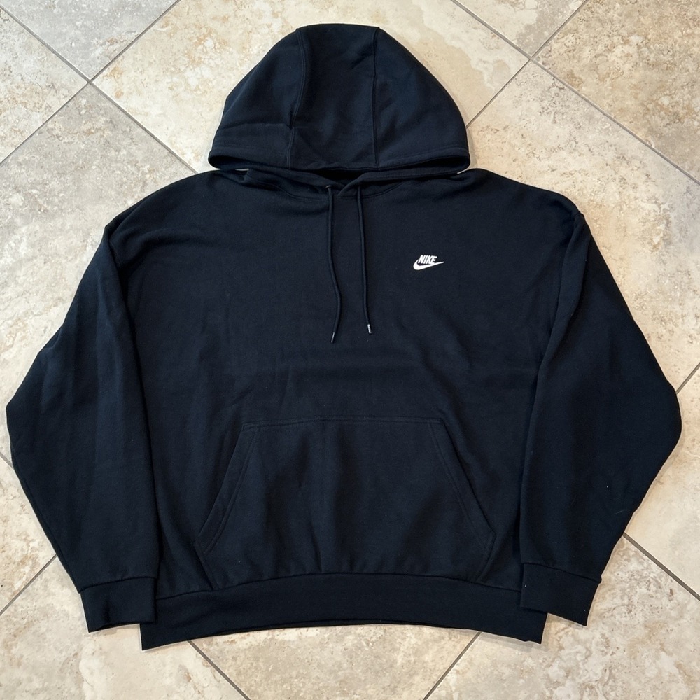 Nike Club FT Oversized Pullover Hoodie Mens Medium Black Sportswear HJ1816-010